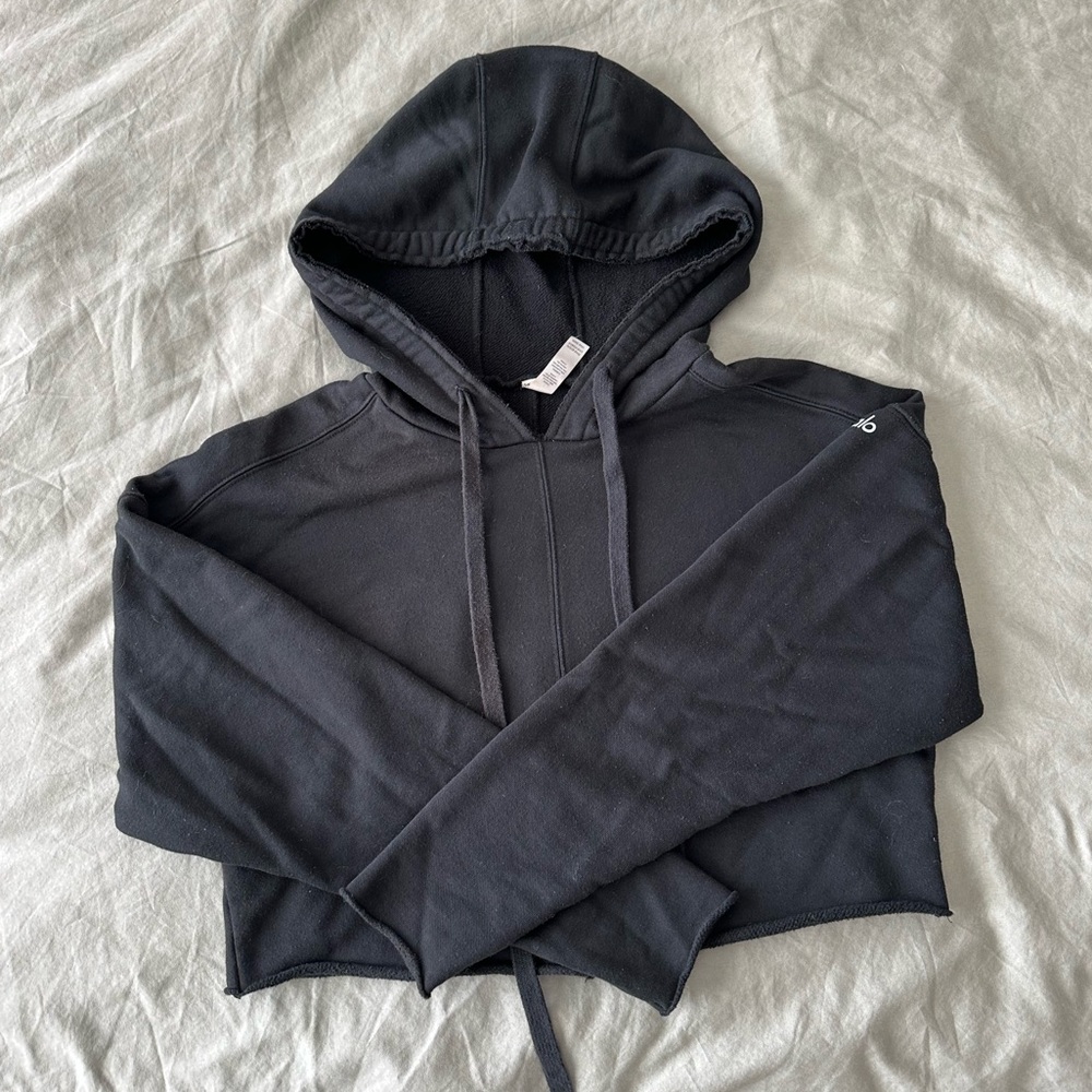 Alo Yoga Black Crop Edge Hoodie - Size XS